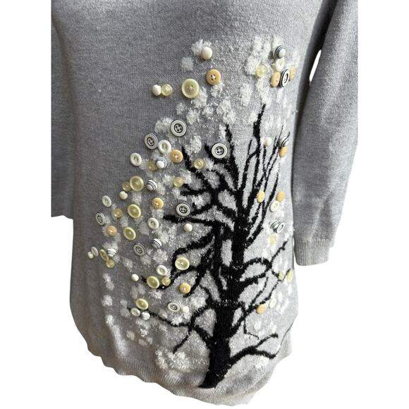 Anthro / HWR Monogram Wool Blend Cute as a‎ Button Tree Split Hem Sweater - XS - Picture 5 of 9